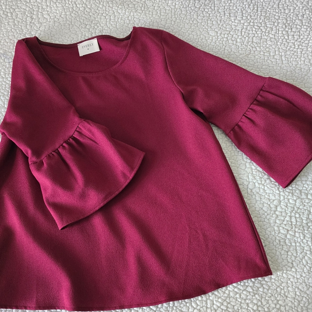 Burgundy Bell Sleeve Top Size S - Picture 9 of 10